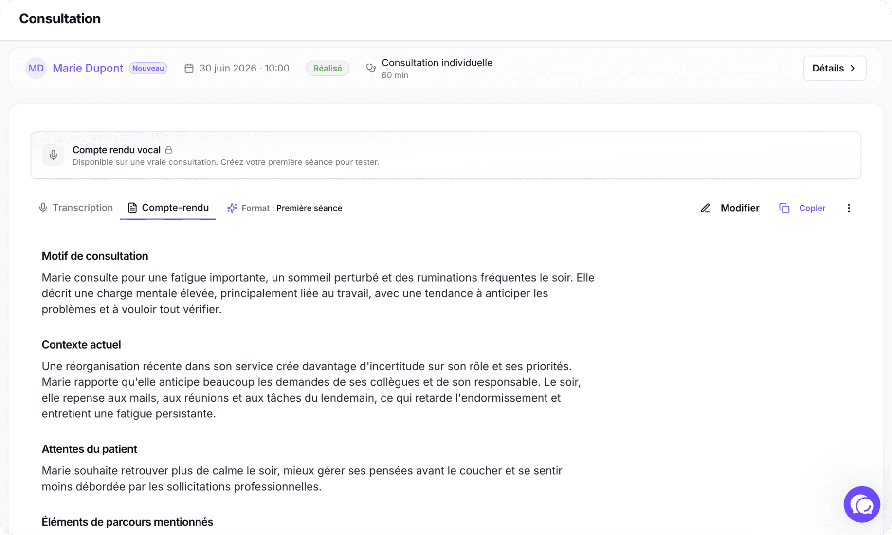 Interface de compte rendu vocal dans Floyaa - dictée vocale et synthèse IA