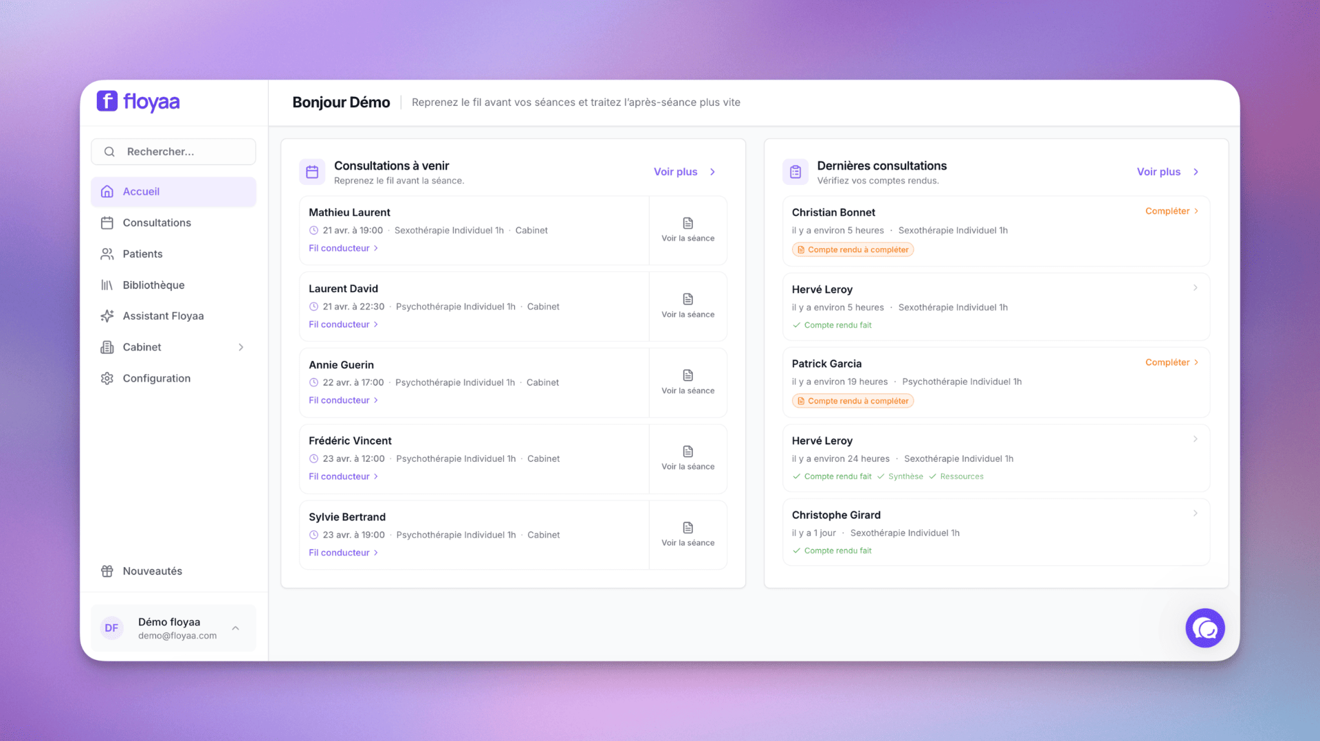 Floyaa en action : structurer l'après-séance, clarifier le suivi patient, sans charge mentale.