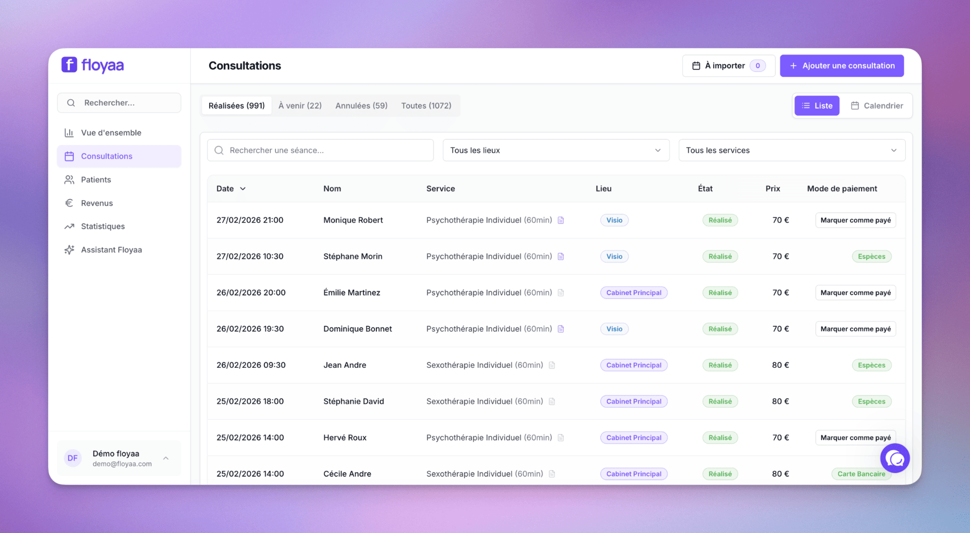 Liste des consultations Floyaa